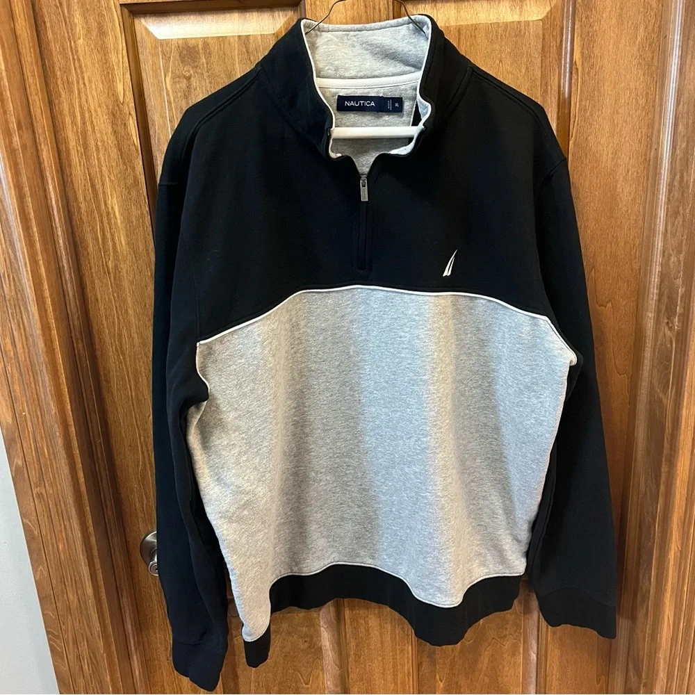 Men’s Nautica Pullover Quarter Zip Sweater Black and Gray XL - Picture 1 of 5